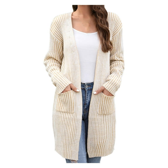 Scyoekwg Fall Sweaters for Women 2025 Open Front Cardigan Sweater Long Coat Pockets Loose Casual Outwear Winter Warm Jackets Long Sleeve Solid Color Outerwear (Khaki,L)