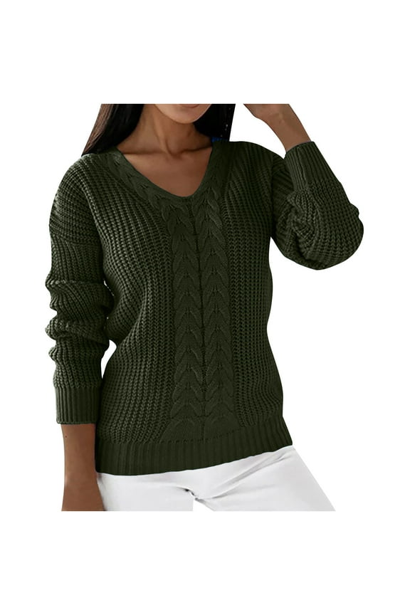 Fall Sweaters for Women 2025 Fall Winter Clothes V-Neck Sweater Warm Casual Long Sleeve Knitted Sweater Solid Color Pullover Tops(Army Green,S)