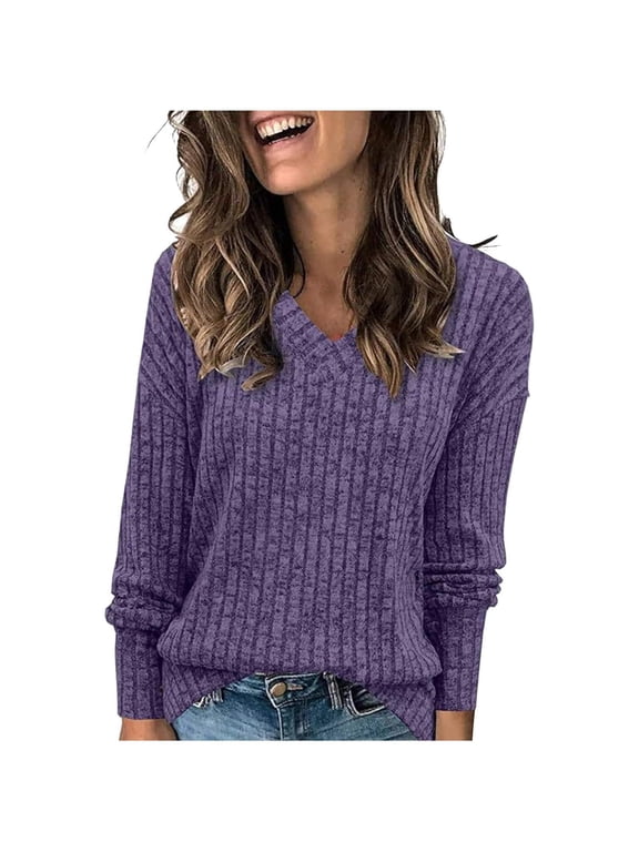 Fall Sweaters for Women Solid Color Long Sleeve Warm Casual V-Neck Sweater Knitted Sweater Fall Winter Clothes Pullover Sweater Tops(Purple,M)