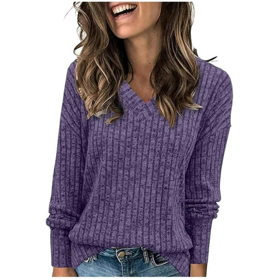 Scyoekwg Fall Sweaters for Women Solid Color Long Sleeve Warm Casual V-Neck Sweater Knitted Sweater Fall Winter Clothes Pullover Sweater Tops(Purple,M)