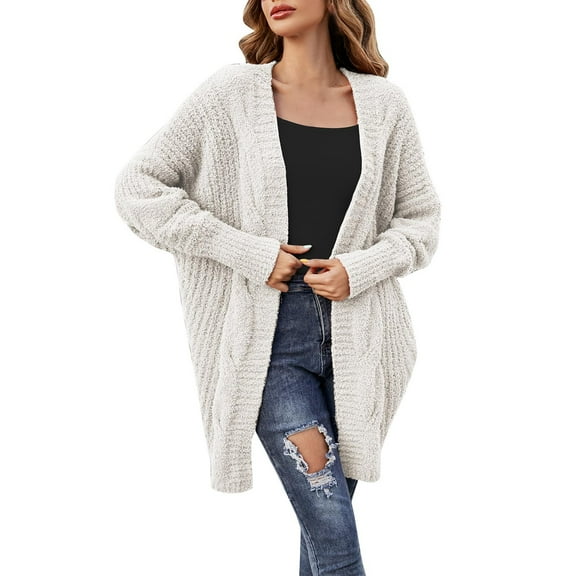 Scyoekwg Fall Sweaters for Women 2025 Open Front Sweater Cardigan Coat Winter Warm Jackets Loose Long Sleeve Casual Solid Color Outerwear (Beige,L)