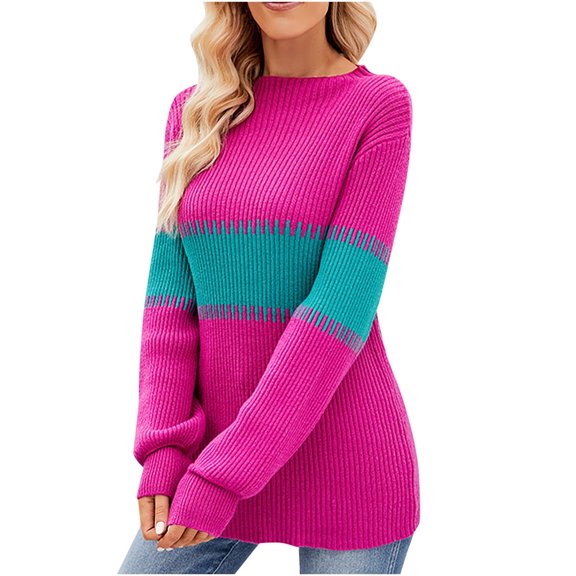 Scyoekwg Fall Sweaters for Women 2025 Warm Casual Knitted Sweater Color Block Crewneck Sweater Long Sleeve Fall Winter Clothes Pullover Tops(Green,S)