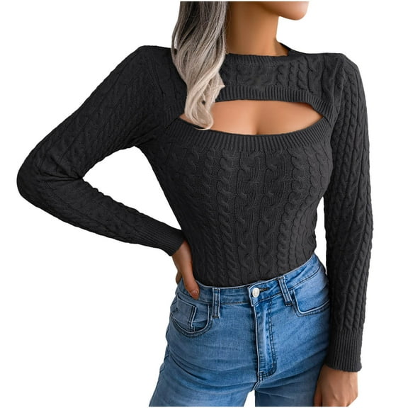 Scyoekwg Fall Sweaters for Women 2025 Long Sleeve Fall Winter Clothes Solid Color Warm Casual Knitted Sweater Crewneck Sweater Pullover Tops(Black,M)