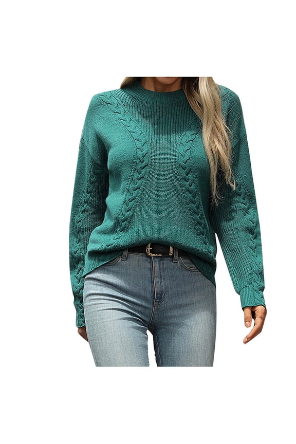 Fall Sweaters for Women 2025 Solid Color Warm Casual Fall Winter Clothes Long Sleeve Crewneck Sweater Knitted Sweater Pullover Tops(Green,M)