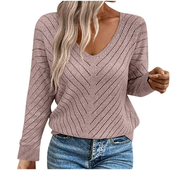Scyoekwg Fall Sweaters for Women Hollow Out V Neck Long Sleeve Vintage Sweaters Tops Solid Color Casual Comfy Knit Tops Pullover (Rose Gold,M)