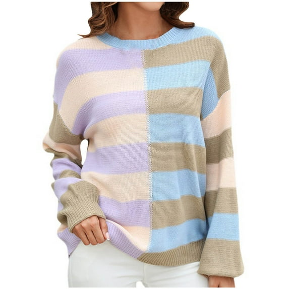 Scyoekwg Fall Sweaters for Women Long Sleeve Fall Winter Clothes Warm Casual Knitted Sweater Crewneck Sweater Striped Pullover Sweater Tops(Khaki,M)