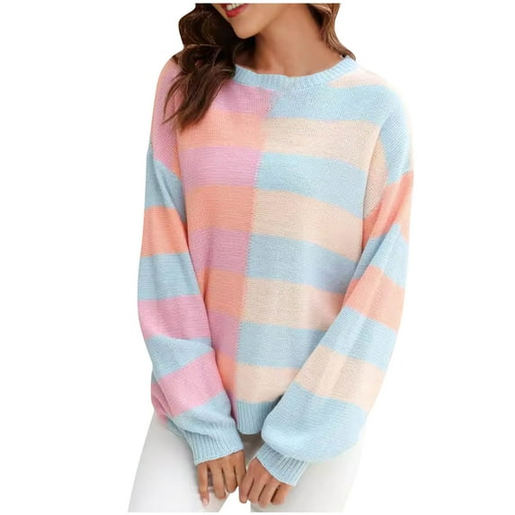 Scyoekwg Fall Sweaters for Women Long Sleeve Fall Winter Clothes Warm Casual Knitted Sweater Crewneck Sweater Striped Pullover Sweater Tops(Pink,S)