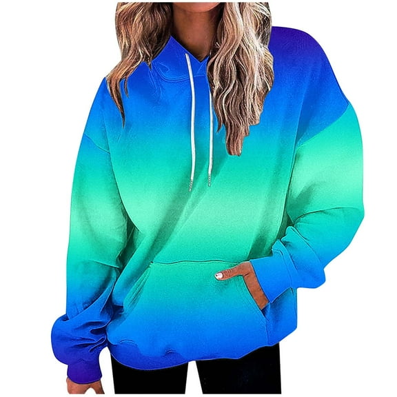 Scyoekwg Fall Sweatshirts for Women Long Sleeve Hoodies Loose Casual Hooded Drawstring Pocket Gradient Color Graphic Sweatshirt Hoodies Pullover Tops Trendy Pullover(Blue,XL)
