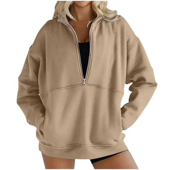 Scyoekwg Fall Sweatshirts for Women Trendy Dressy Casual Pullover Tops Loose Solid Color Lapel Half Zipper Sweatshirt Pocket Fall Winter Clothes Long Sleeve Womens Clothes(Khaki,L)