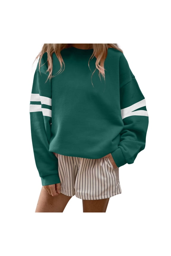 Fall Sweatshirts for Women Fashion Long Sleeve Crewneck Sweatshirt Varsity Striped Drop Shoulder Sleeve Loose Pullover (Green,S)