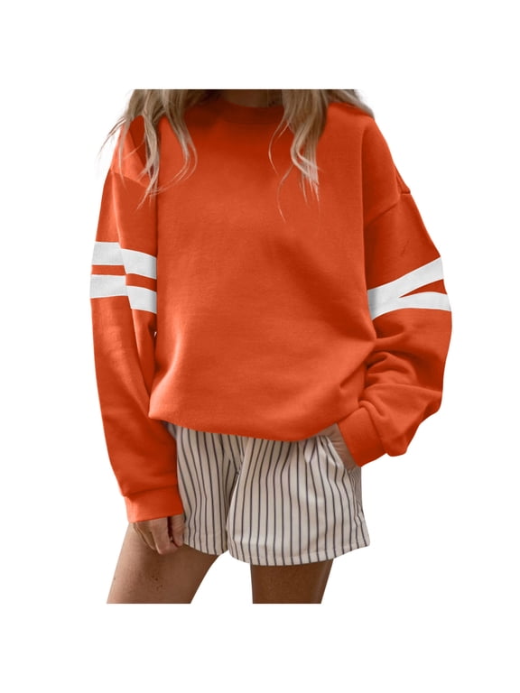 Fall Sweatshirts for Women Fashion Long Sleeve Crewneck Sweatshirt Varsity Striped Drop Shoulder Sleeve Loose Pullover (Orange,S)