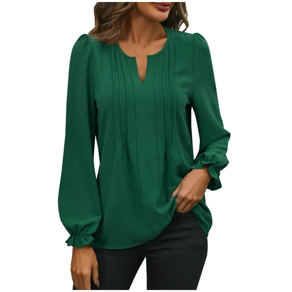 Scyoekwg Fall Tops for Women Long Sleeves V-Neck Regular Elegant Shirts Fall Clothes Loose Solid Color Vintage Casual Lightweight Pullover
