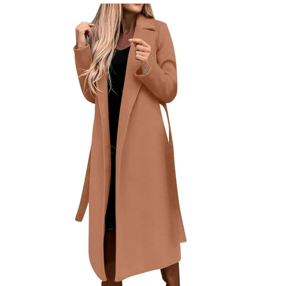 Scyoekwg Fall Trench Coat for Women Solid Lapel Woolen Button Up Pocketed Long Sleeve Breasted Trench Coat Long Outwear Womens Tops Khaki L