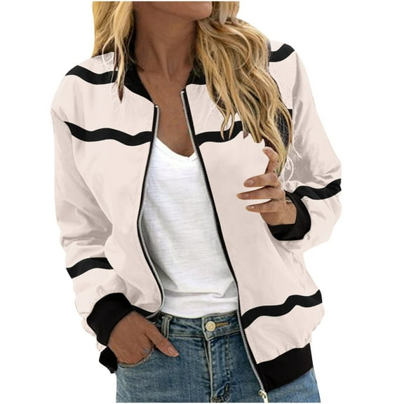 Scyoekwg Fall Trendy Jacket Women Fall Coats Loose Lightweight Long Sleeve Casual Color Block Splicing Stand Collar Zipper Jacket Outerwear(Beige,S)