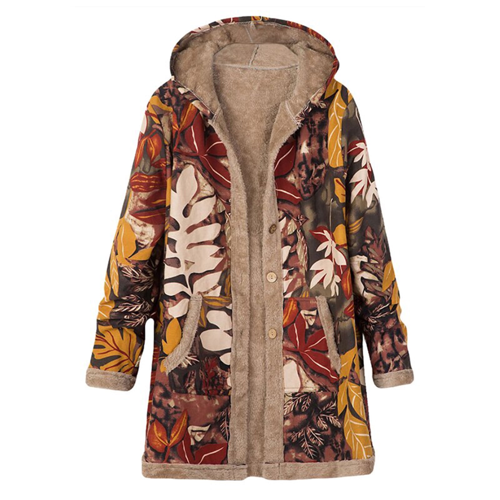 Scyoekwg Fall Winter Fleece Jacket for Women Cotton and Linen Vintage  Ethnic Printed Long Sleeve Hooded Pocket Plus Velvet Casual Buttons Warm  Outwear Coat #A03-Khaki XXXXXL 