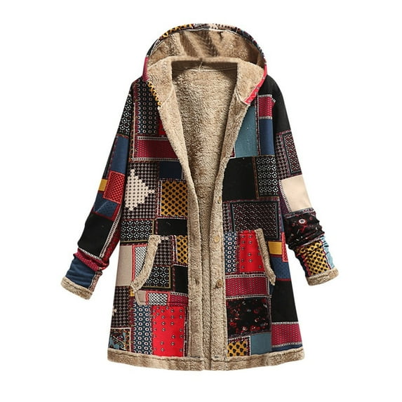 Scyoekwg Fall Winter Fleece Jacket for Women Cotton and Linen Vintage Ethnic Printed Long Sleeve Hooded Pocket Plus Velvet Casual Buttons Warm Outwear Coat #A01-Red XXXXXL