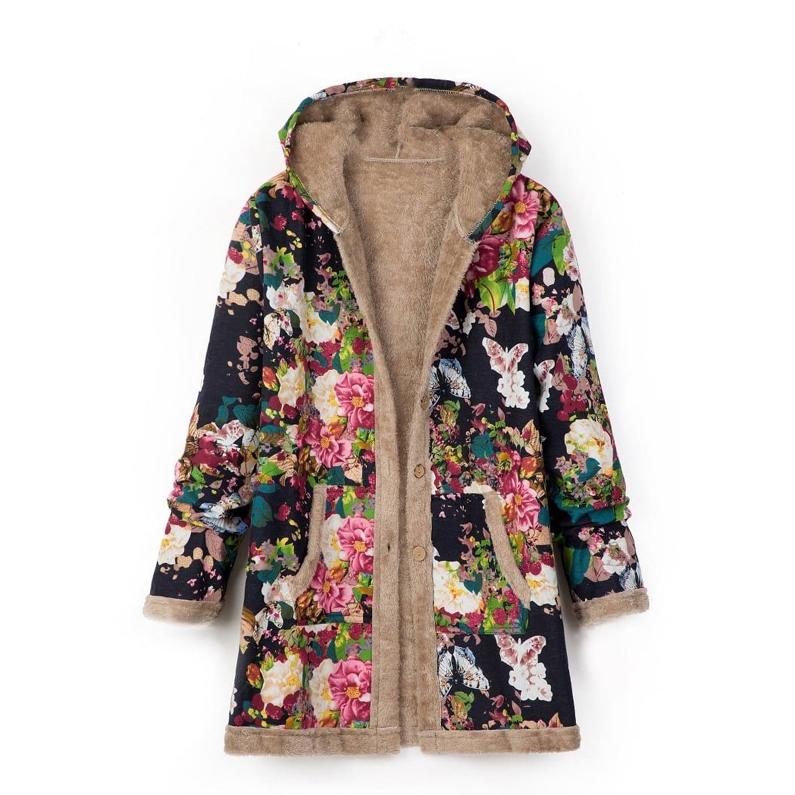 Scyoekwg Fall Winter Fleece Jacket for Women Cotton and Linen Vintage Ethnic Printed Long Sleeve Hooded Pocket Plus Velvet Casual Buttons Warm Outwear Coat A03 Black L Walmart