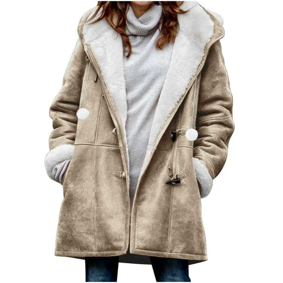 Scyoekwg Fall Winter Fleece Jacket for Women Vintage Solid Color Long Sleeve Hooded Pocket Plus Velvet Casual Button Warm Outwear Coat (V02_Khaki,XXL)