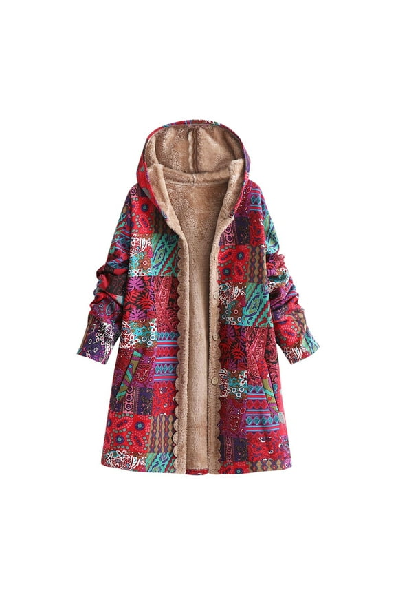 Fall Winter Fleece Jacket for Women Vintage Ethnic Printed Long Sleeve Hooded Pocket Casual Button Warm Coat Outwear (Red_Z02,XXL)