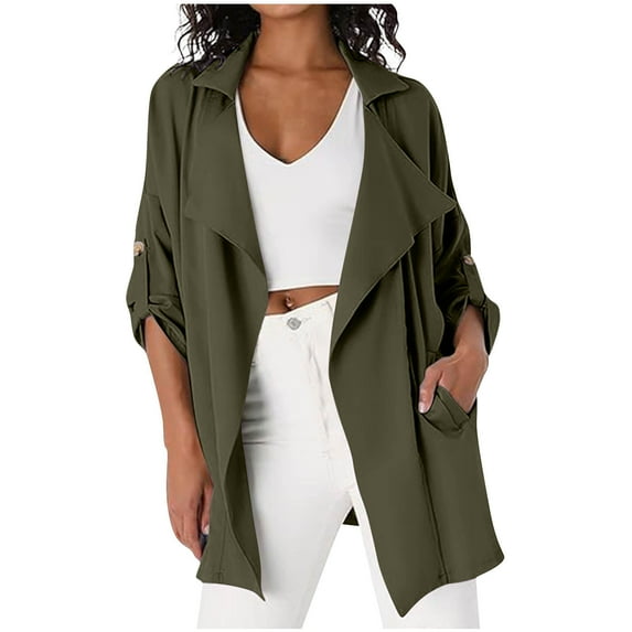 Scyoekwg Fashion Coats for Women Roll Up Turn-Down Cardigan Pockets Jackets Outwear Loose Casual Long Sleeve Solid Color Lightweight Coats (Army Green,XL)