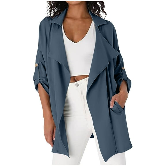 Scyoekwg Fashion Coats for Women Roll Up Turn-Down Cardigan Pockets Jackets Outwear Loose Casual Long Sleeve Solid Color Lightweight Coats (Navy,M)