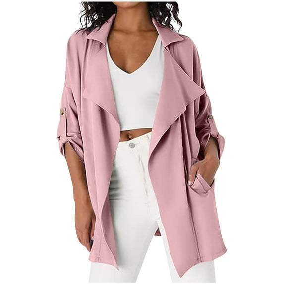 Scyoekwg Fashion Coats for Women Roll Up Turn-Down Cardigan Pockets Jackets Outwear Loose Casual Long Sleeve Solid Color Lightweight Coats (Pink,S)