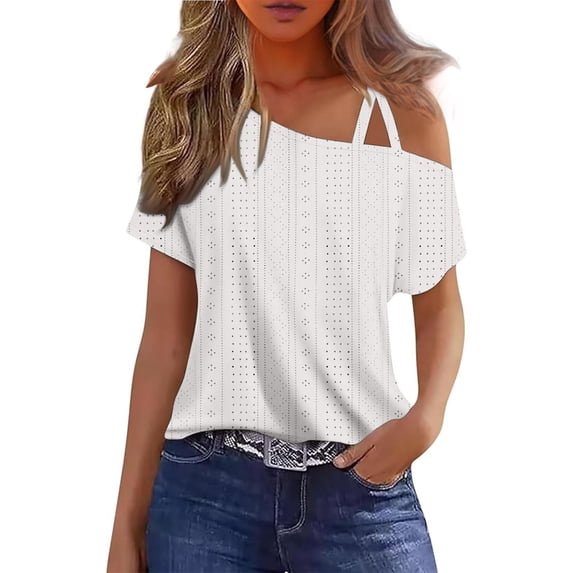 Scyoekwg Fashion One Shoulder Tops for Women Strap Cut Out Short Sleeve Summer Tops Solid Color Casual Loose Blouses (Z01_White,XL)