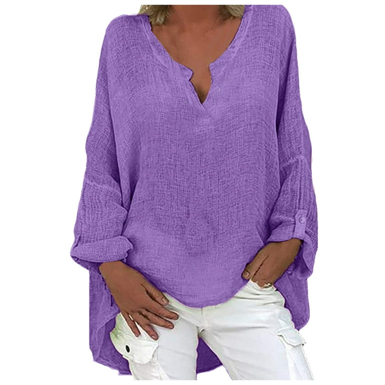 Scyoekwg Fashion Tops for Women 2022 Plus Size Women Long Sleeve Shirts  Casual Solid Color V Neck Oversized T Shirts Loose Fit Blouses for Leggings  Purple XL 