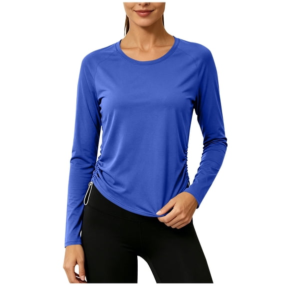 Scyoekwg Fitted Workout Tops for Women Raglan Side Drawstring Athletic Shirts Long Sleeve Slim Running Workout Casual Tee (Blue,L)
