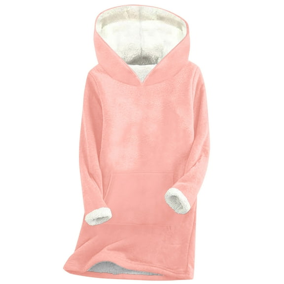 Scyoekwg Fleece Lined Hoodies for Women Winter Warm Tunic Sweatshirts Solid Color Hooded Long Sweatshirts Loose Pullover Tops (Pink,S)