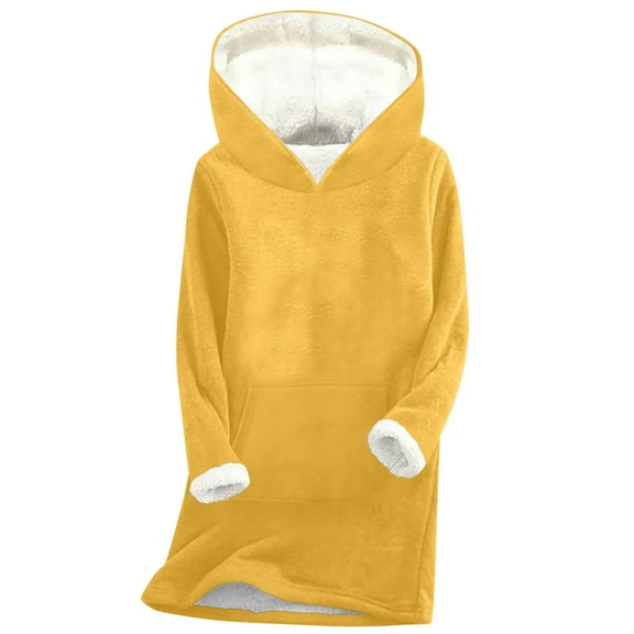 Scyoekwg Fleece Lined Hoodies for Women Winter Warm Tunic Sweatshirts Solid Color Hooded Long Sweatshirts Loose Pullover Tops (Yellow,M)