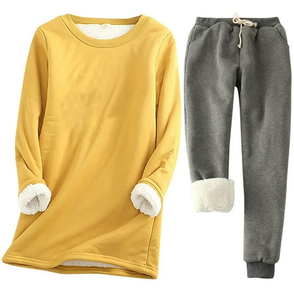 Scyoekwg Fleece Sweatsuits for Women Set 2 Piece Winter Warm Fleece Lined Two Piece Matching Set Long Sleeve Crewneck Sweatshirt Thermal Underwear Sets (Dark Gray,XXL)