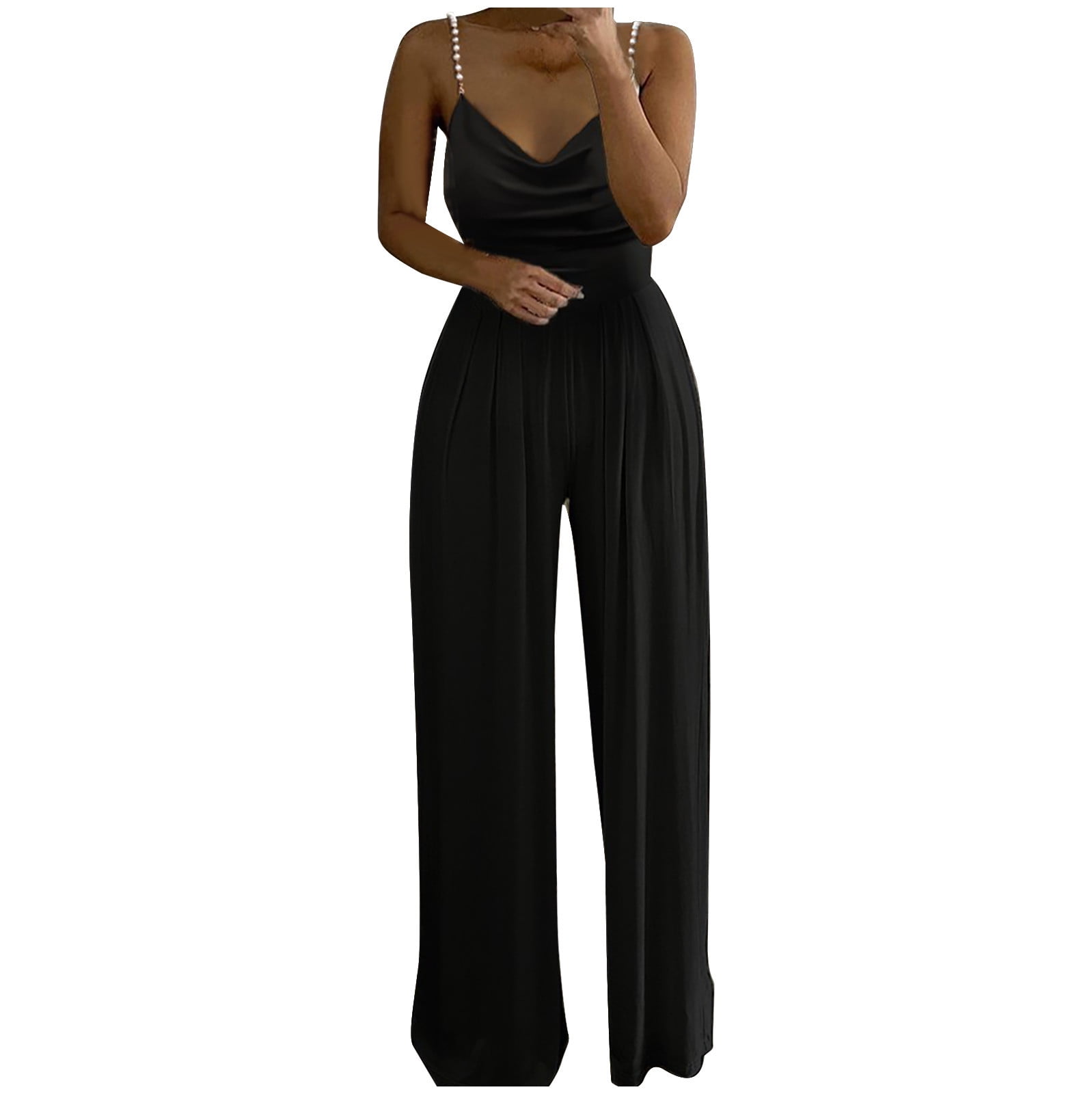 Scyoekwg Formal Jumpsuit for Women Evening Party Casual Solid Color Long  Playsuit Loose Lady Pearl Suspender Jumpsuit Black XL (10)