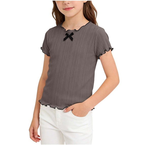 Scyoekwg Girl's Short Sleeve T-Shirts Summer Comfy Ribbed Lace Round Neck Shirts with Bow Cute Basic Tee (Dark Gray,1-2 Years)