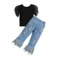 thumbnail image 1 of Scyoekwg Girls Clothes Toddler Baby Girl Clothes Summer Puff Short Sleeve Lace Patchwork Solid Color Round Neck Tops Hole Jeans Beaded Fringe Pocket 2pcs Outfits (Black,1-2 Years), 1 of 7