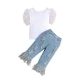 thumbnail image 1 of Scyoekwg Girls Clothes Toddler Baby Girl Clothes Summer Puff Short Sleeve Lace Patchwork Solid Color Round Neck Tops Hole Jeans Beaded Fringe Pocket 2pcs Outfits (White,2-3 Years), 1 of 7