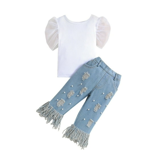 Scyoekwg Girls Clothes Toddler Baby Girl Clothes Summer Puff Short Sleeve Lace Patchwork Solid Color Round Neck Tops Hole Jeans Beaded Fringe Pocket 2pcs Outfits (White,2-3 Years)