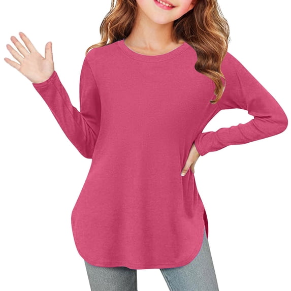 Scyoekwg Girls Crewneck Curved Hem Long Sleeve T-Shirt Casual Loose Fit Top Tee for Fall Spring School Daily Wear (Hot Pink,11 Years)