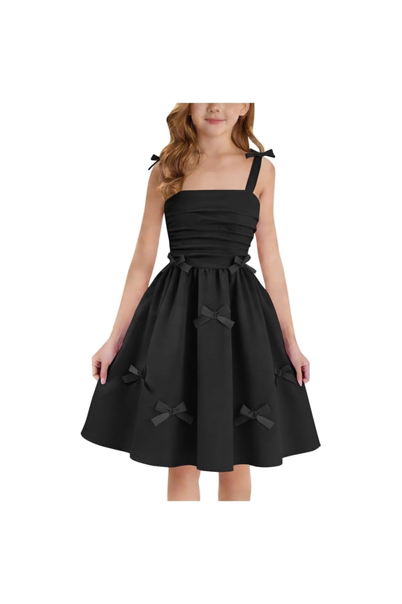 Girls Dress Teen Ruched Layered Ruffle Swing Flowy Spaghetti Strap Valentine Summer Easter Tween Dresses 4-15Y, Black, 4-5 Years