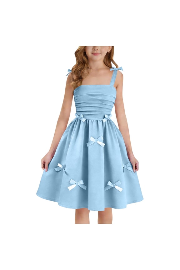 Girls Dress Teen Ruched Layered Ruffle Swing Flowy Spaghetti Strap Valentine Summer Easter Tween Dresses 4-15Y, Blue, 6-7 Years