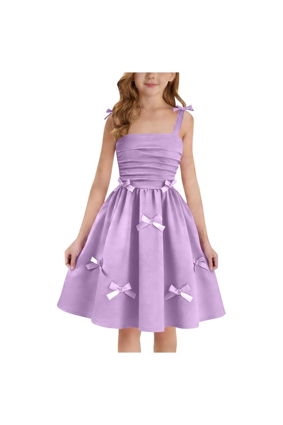 Girls Dress Teen Ruched Layered Ruffle Swing Flowy Spaghetti Strap Valentine Summer Easter Tween Dresses 4-15Y, Purple, 14-15 Years