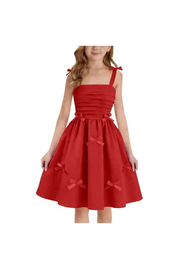 Girls Dress Teen Ruched Layered Ruffle Swing Flowy Spaghetti Strap Valentine Summer Easter Tween Dresses 4-15Y, Red, 4-5 Years