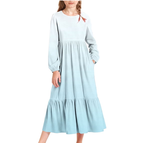 Scyoekwg Girls Dresses Cute Long Sleeve Crew Neck Gradient Comfy Hight Waistband Ruched Long Dress with Pocket Dresses, Light Blue, 14-15 Years