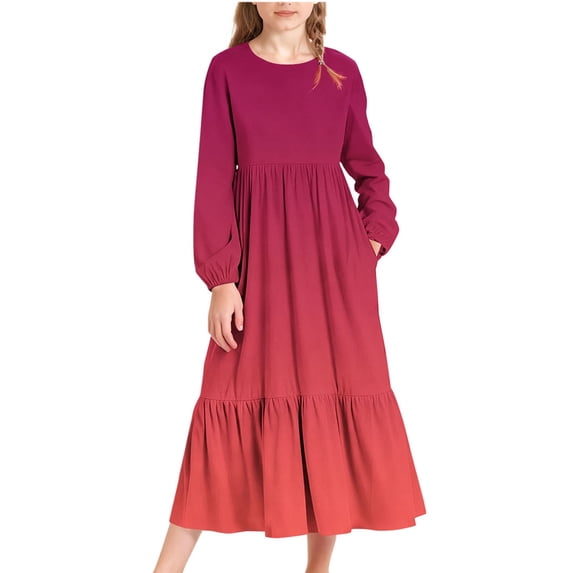 Scyoekwg Girls Dresses Cute Long Sleeve Crew Neck Gradient Comfy Hight Waistband Ruched Long Dress with Pocket Dresses, Red, 8-9 Years