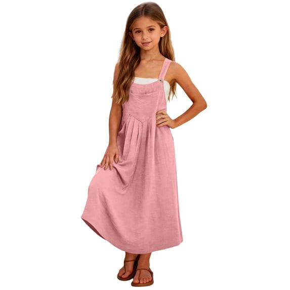 Scyoekwg Girls Dresses Ruched Strap Long Dress Crew Neck Comfy Sleeveless Solid Color Cute Dresses, Pink, 5-6 Years