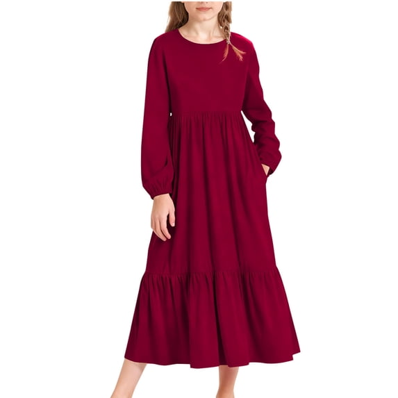 Scyoekwg Girls Maxi Dress Hight Waistband Ruched Long Dress with Pocket Comfy Solid Color Crew Neck Long Sleeve Dresses, Wine, 10-11 Years