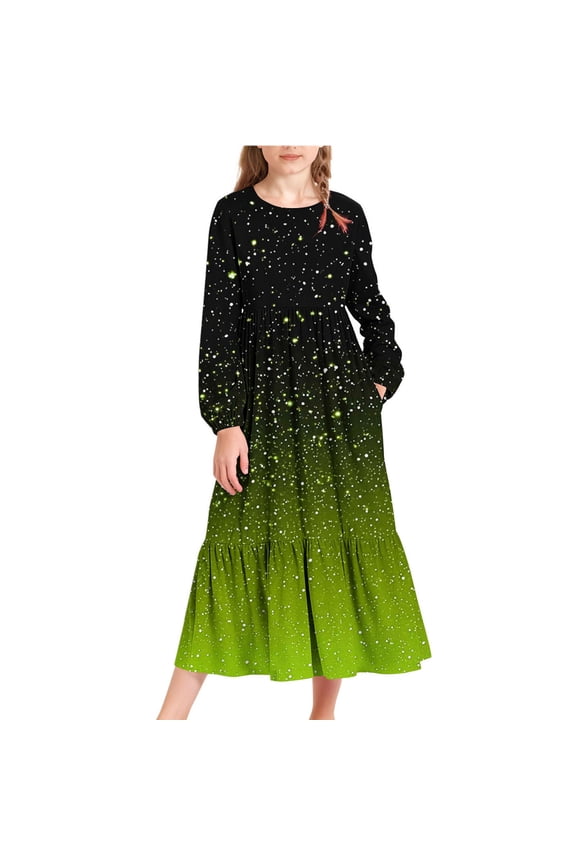 Girls Maxi Dress Long Sleeve Fashion Crew Neck Gradient Hight Waistband Ruched Long Dress with Pocket Comfy Dresses, Mint Green, 4-5 Years