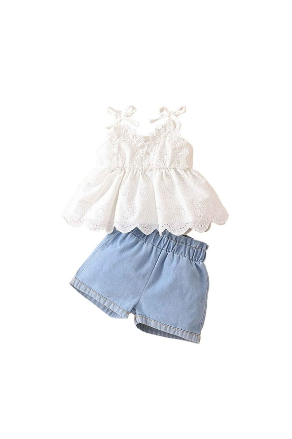 Girls Outfits Infant Toddler Baby Girl Clothes Solid Color Suspender Hollowed Out Lace Elastic Jeans Two-Piece Set (White,12-18 Months)