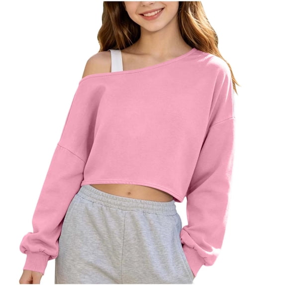 Scyoekwg Girls Shirts Off Shoulder Cropped Sweatshirt Long Sleeve Pullover Casual Top for Fall Winter School Party Daily Wear (Pink,9-10 Years)