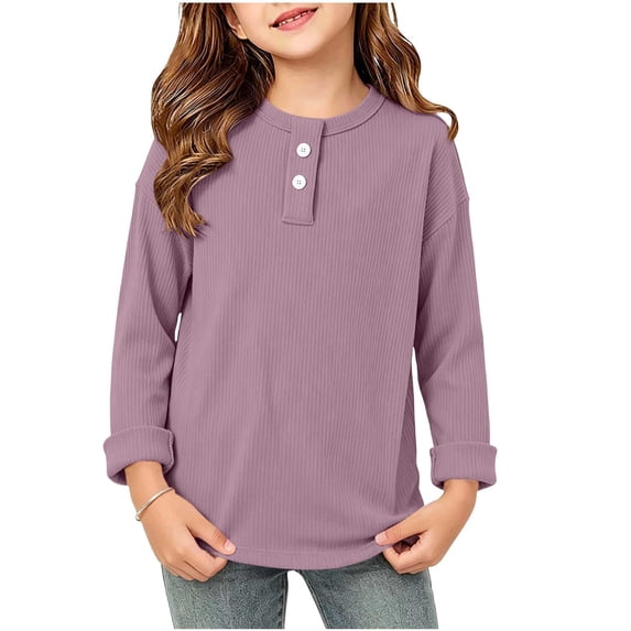 Scyoekwg Girls Shirts Ribbed Long Sleeve Shirts Crew Neck Roll Cuff Top Button Front Casual Shirt for Fall Spring School Daily Wear (Hot Pink,2-3 Years)